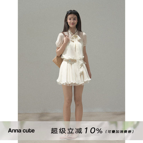 ANNACUTE雪纺泡泡袖连衣裙