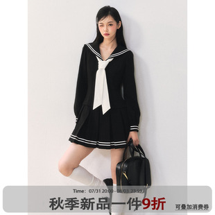 CUTE ANNA 原創(chuàng)設(shè)計(jì)海軍領(lǐng)百褶連衣裙學(xué)院風(fēng)減齡jk收腰a字短裙女