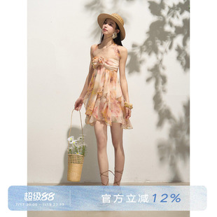 ANNA CUTE 浪漫度假风印花显瘦收腰不规则抹胸裙设计感氛围连衣裙