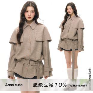 ANNA CUTE（原ATLAS)可拆卸斗篷气质千鸟格风衣宽松系带显瘦上衣