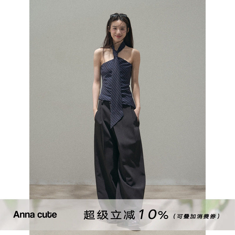 ANNA CUTE 辣妹修身显瘦抹胸夏季多巴胺露背条纹挂脖外穿上衣女