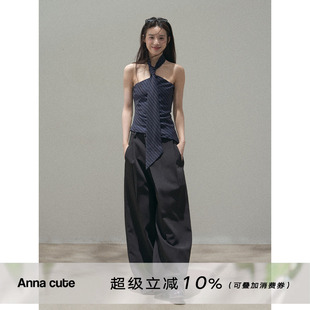 ANNA CUTE 辣妹修身显瘦抹胸夏季多巴胺露背条纹挂脖外穿上衣女