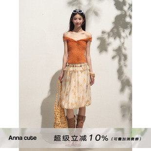ANNA CUTE 莫代尔纯欲蕾丝镂空防透一字肩T恤夏季外穿无袖上衣女