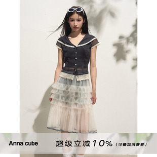 ANNA CUTE 半透波点蕾丝拼接海军领衬衫女V领撞色蕾丝短袖上衣