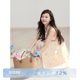 ANNA CUTE 原创设计黄色全棉挂脖碎花裙绑带度假显瘦甜美连衣裙