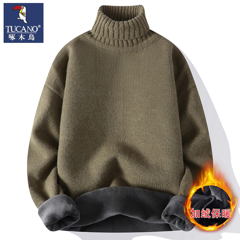 啄木鸟宽松针织高领保暖加绒毛衣