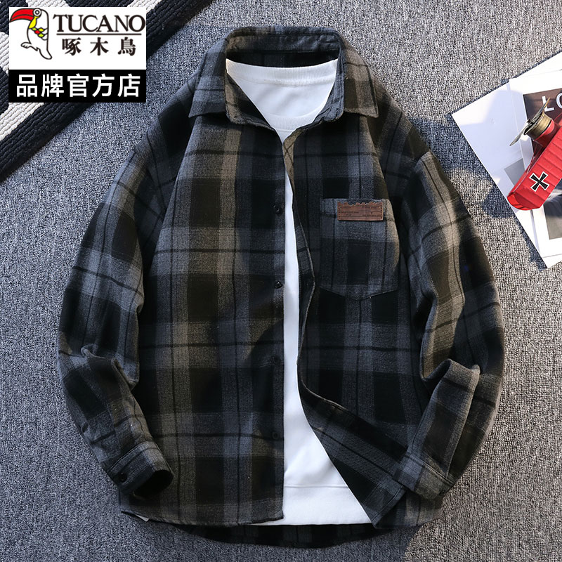 啄木鸟2025新款格纹长袖衬衫男潮流宽松复古休闲上班简约秋季外套