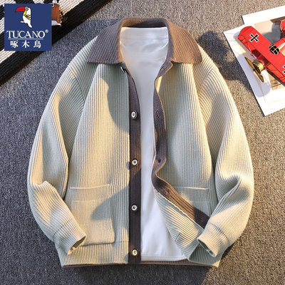 啄木鸟2025新款假两件外套男款秋冬季新款翻领针织开衫毛衣男士潮