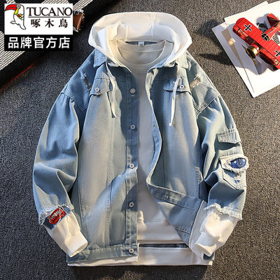 啄木鸟牛仔外套男假两件连帽撞色韩版潮流百搭宽松休闲夹克男装潮
