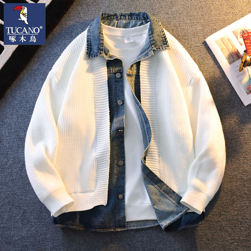 啄木鸟2025新款百搭时尚牛仔拼接休闲开衫时尚韩版潮流外套男上衣