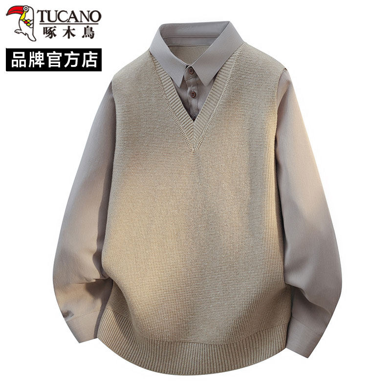 啄木鸟假两件衬衫领针织衫男秋冬季新款简约保暖套头毛衣打底衫潮