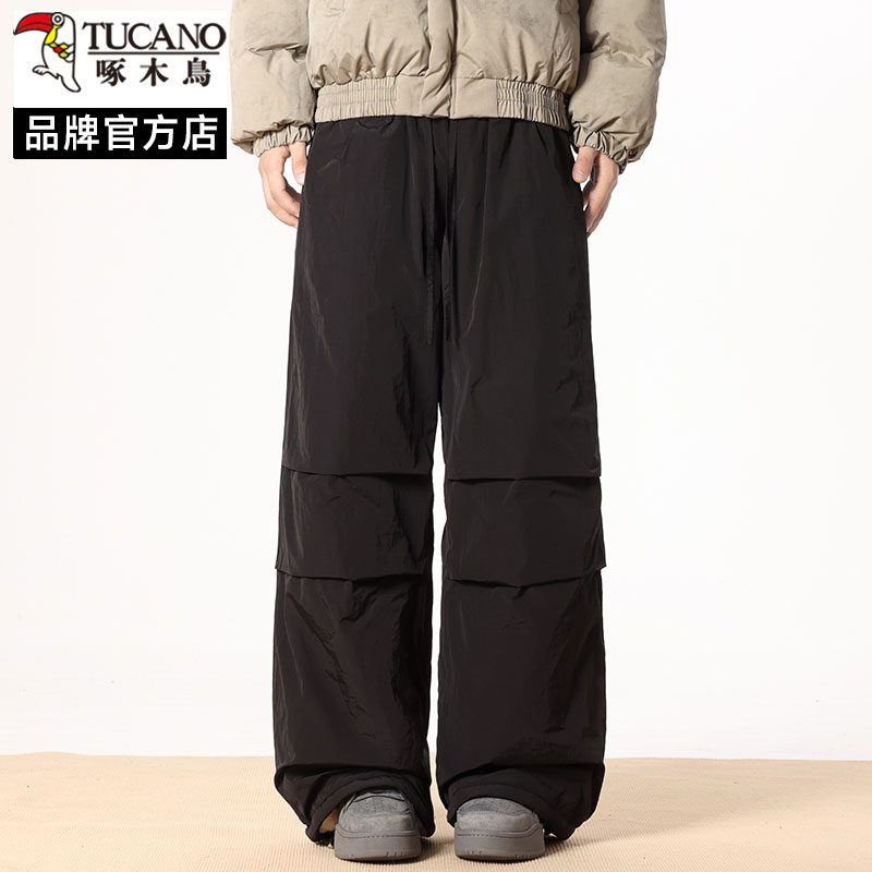 啄木鸟羊羔绒工装裤子男士冬季2025新款加厚保暖宽松休闲直筒棉裤