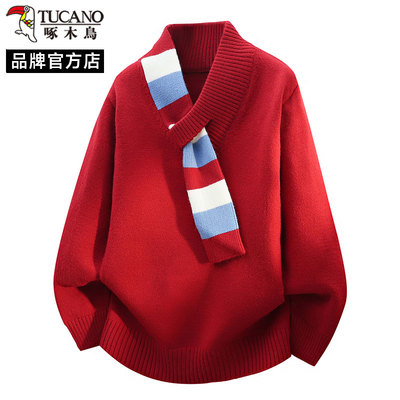 啄木鸟彩条围巾领红色本命年针织衫男士秋冬季休闲百搭毛衣少年感