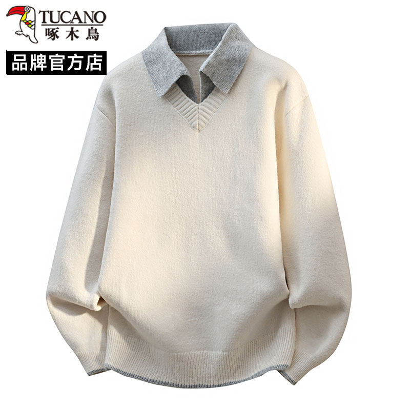 啄木鸟2026春季新款假两件翻领针织衫男慵懒风加厚内搭毛衣潮流,男装,针织衫/毛衣,淘宝优惠券,粉丝福利购,淘宝优惠卷