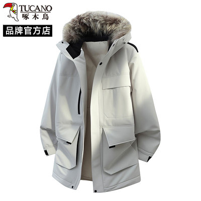 啄木鸟工装风连帽中长款90白鸭绒羽绒服男士冬季新款大毛领派克服