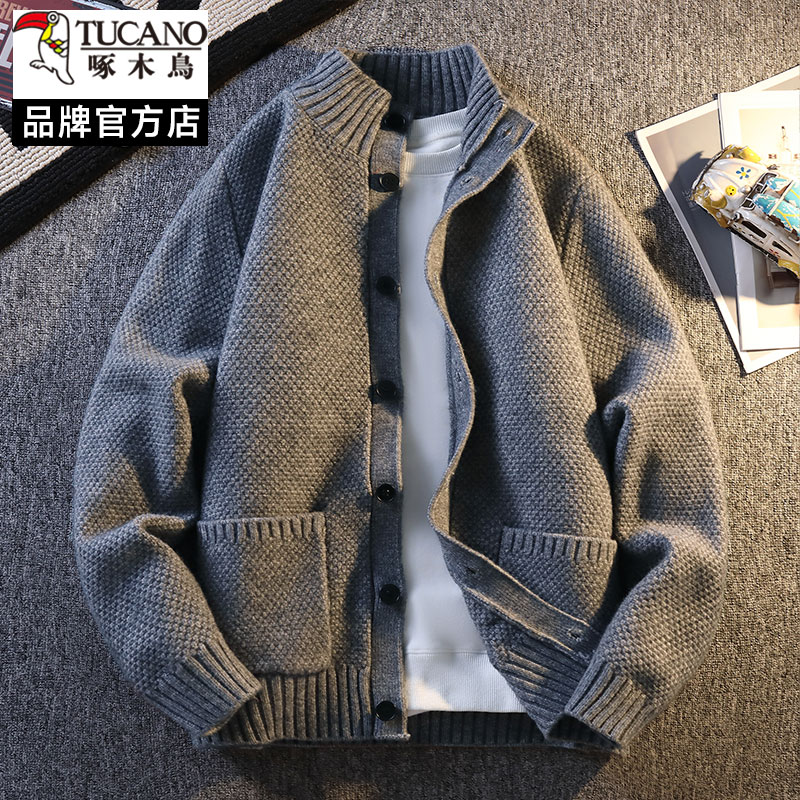 啄木鸟开衫针织半高领加厚毛衣男