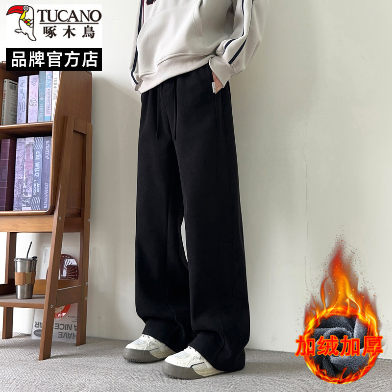 啄木鸟冬季直筒加绒卫裤男休闲裤