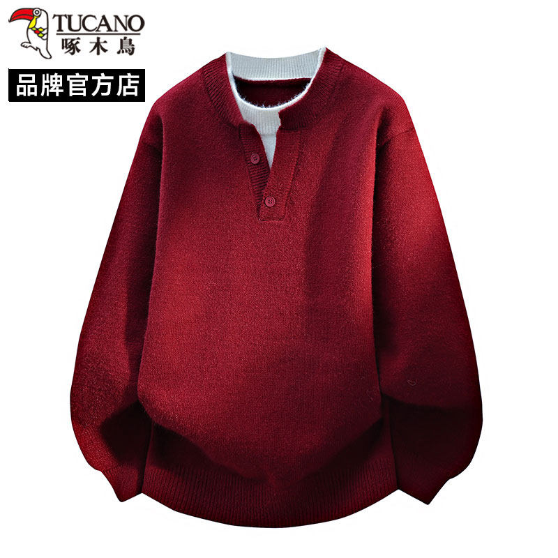 啄木鸟假两件亨利领毛衣男士秋冬季红色保暖宽松休闲针织衫本命年
