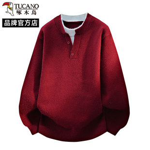 啄木鸟假两件亨利领毛衣男士秋冬季红色保暖宽松休闲针织衫本命年