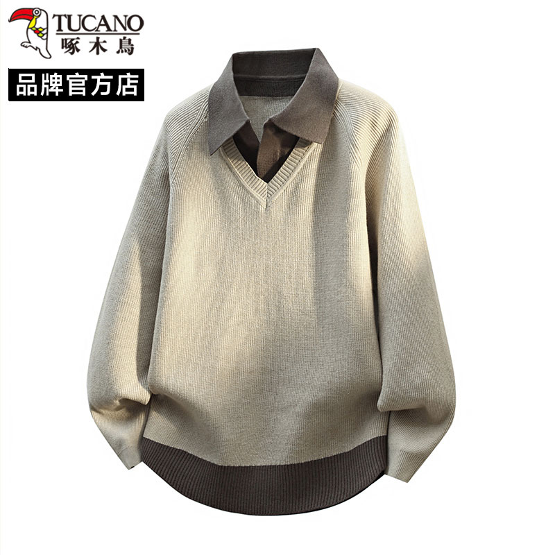 啄木鸟衬衫领假两件毛衣男士2025新款秋冬保暖时尚休闲百搭针织衫