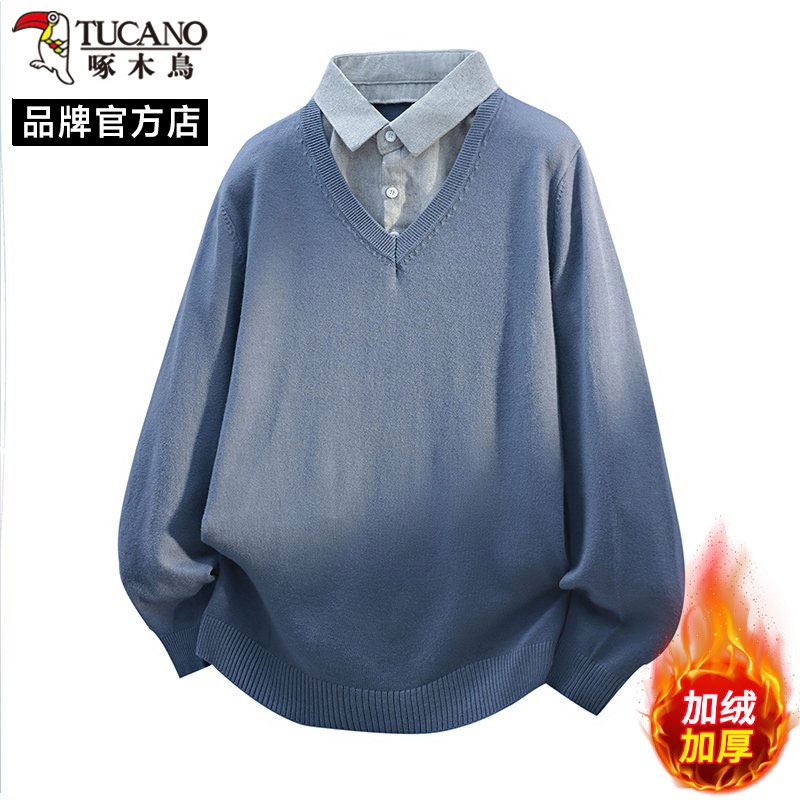 啄木鸟学院风衬衫领加绒加厚毛衣