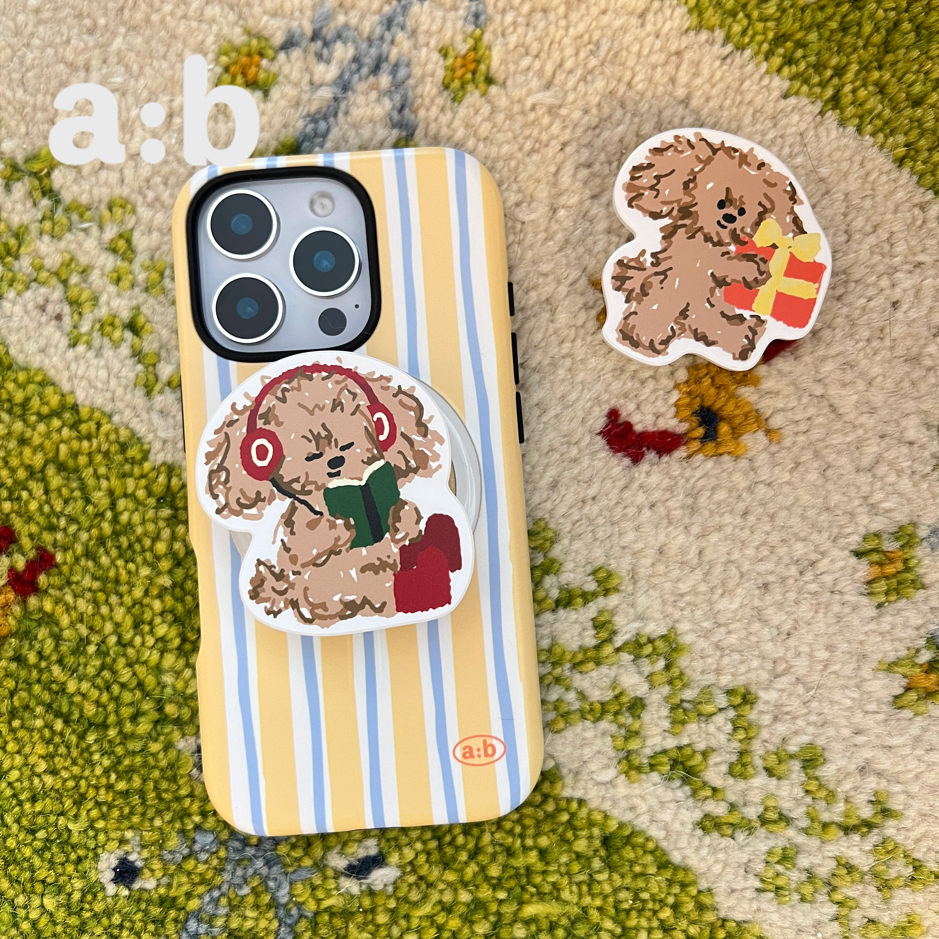 a:b原创潦草小狗系列韩国菲林条纹蓝黄可爱单苹果手机壳+手机支架