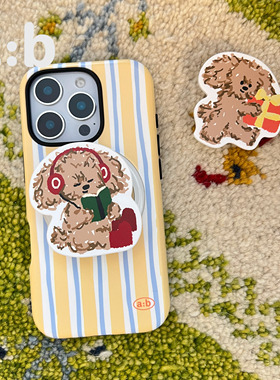 a:b原创潦草小狗系列韩国菲林条纹蓝黄可爱单苹果手机壳+手机支架