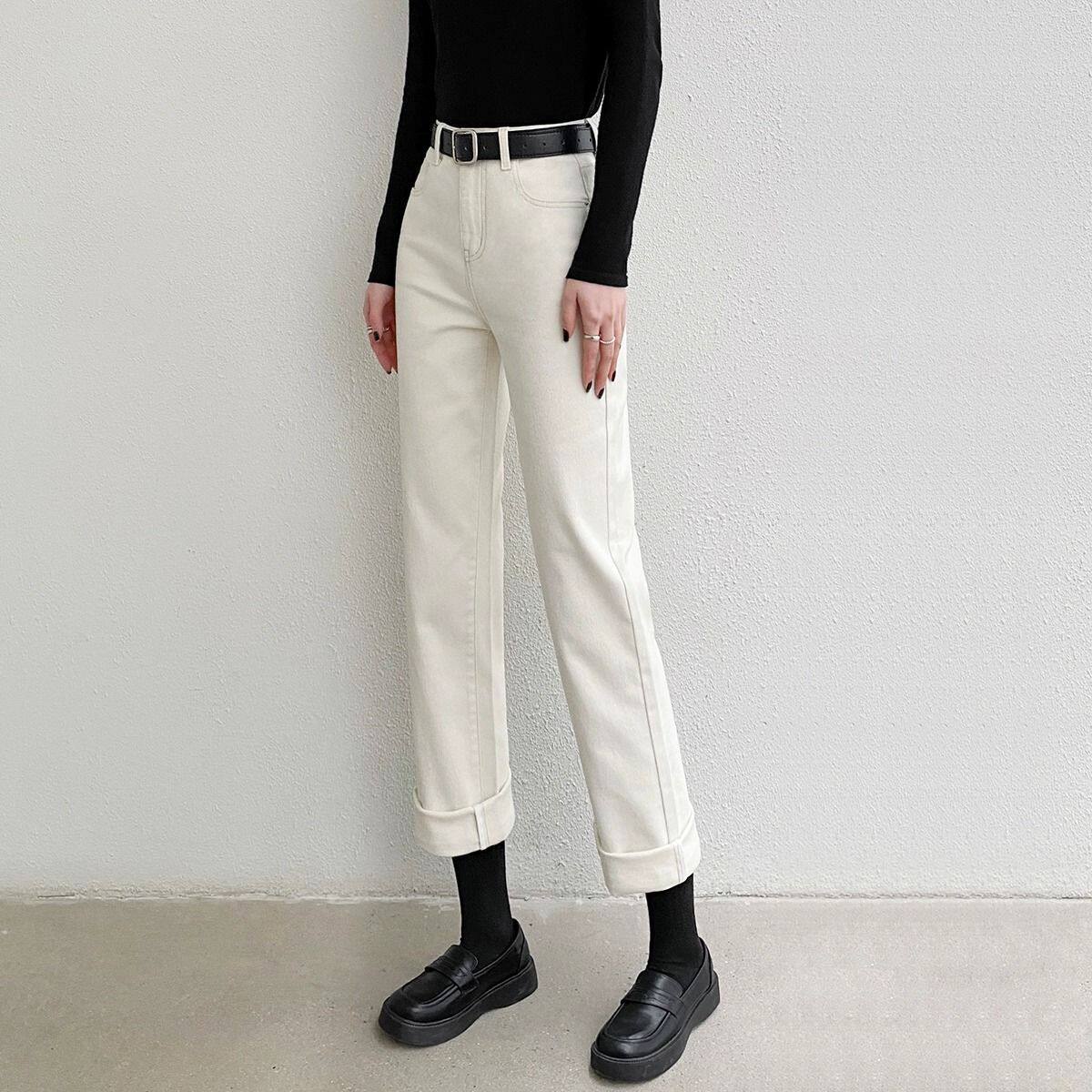 高档女秋冬加绒加厚烟管裤白色牛仔裤女裤高腰显瘦窄版九分直筒裤