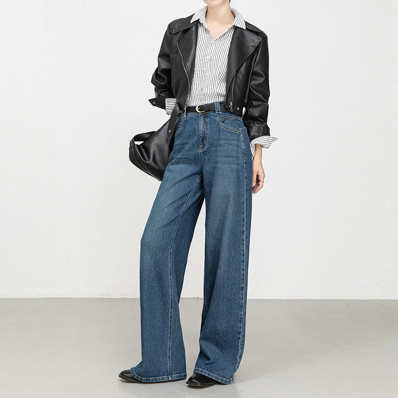 女士2025年秋冬新款韩版牛仔裤子阔腿裤高腰柔软弹力绣花拖地长裤