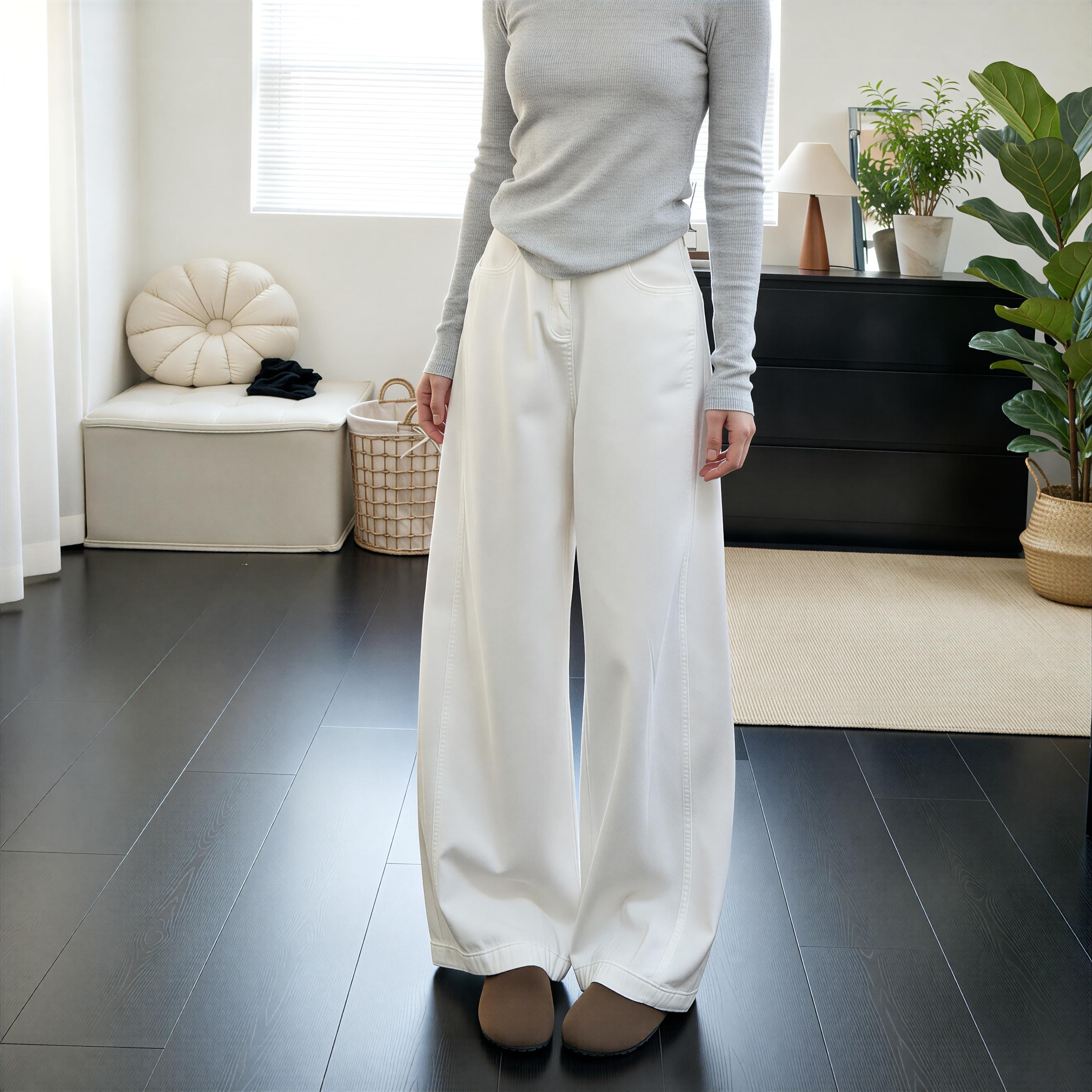 小个子美式复古白色高腰弯刀阔腿牛仔裤女垂感宽松显瘦直筒长裤潮