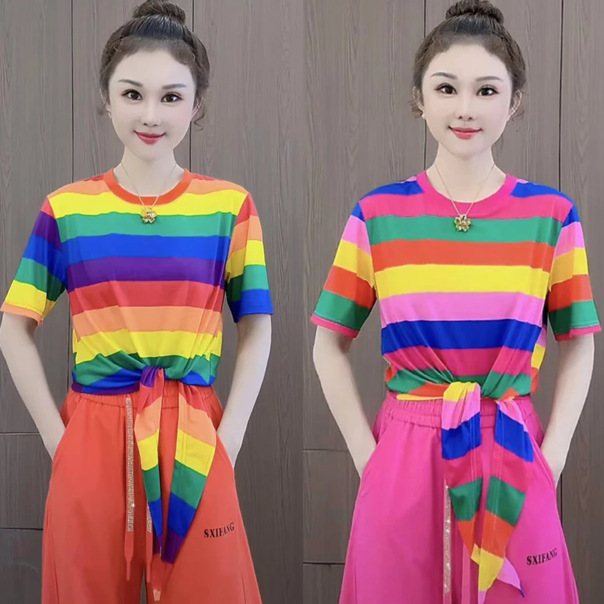 女士夏季新款时尚彩虹条纹打结圆领短袖T恤洋气减龄潮流百搭上衣