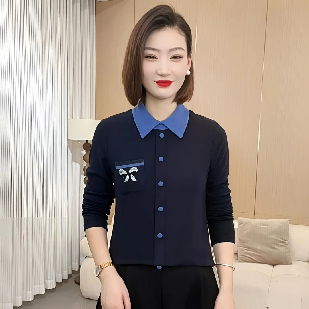 冬季保暖拼色气质翻领烫钻长袖女