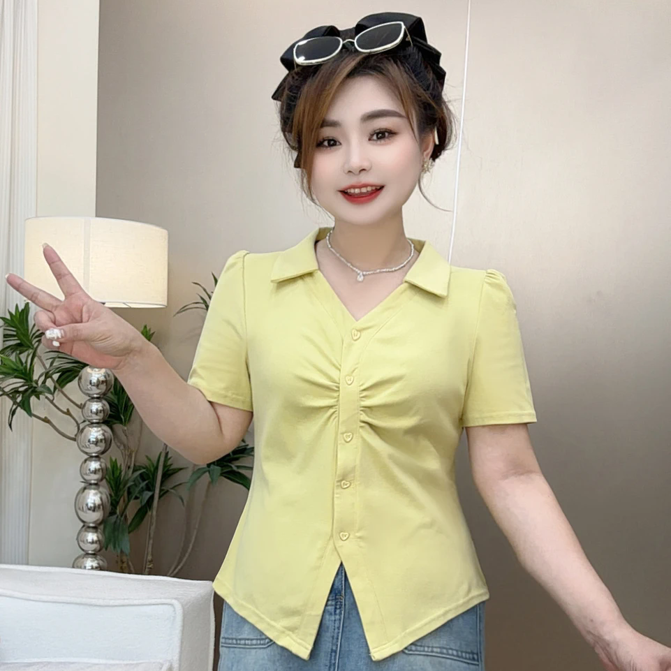 夏季新款胖mm翻领爱心纽扣短袖女