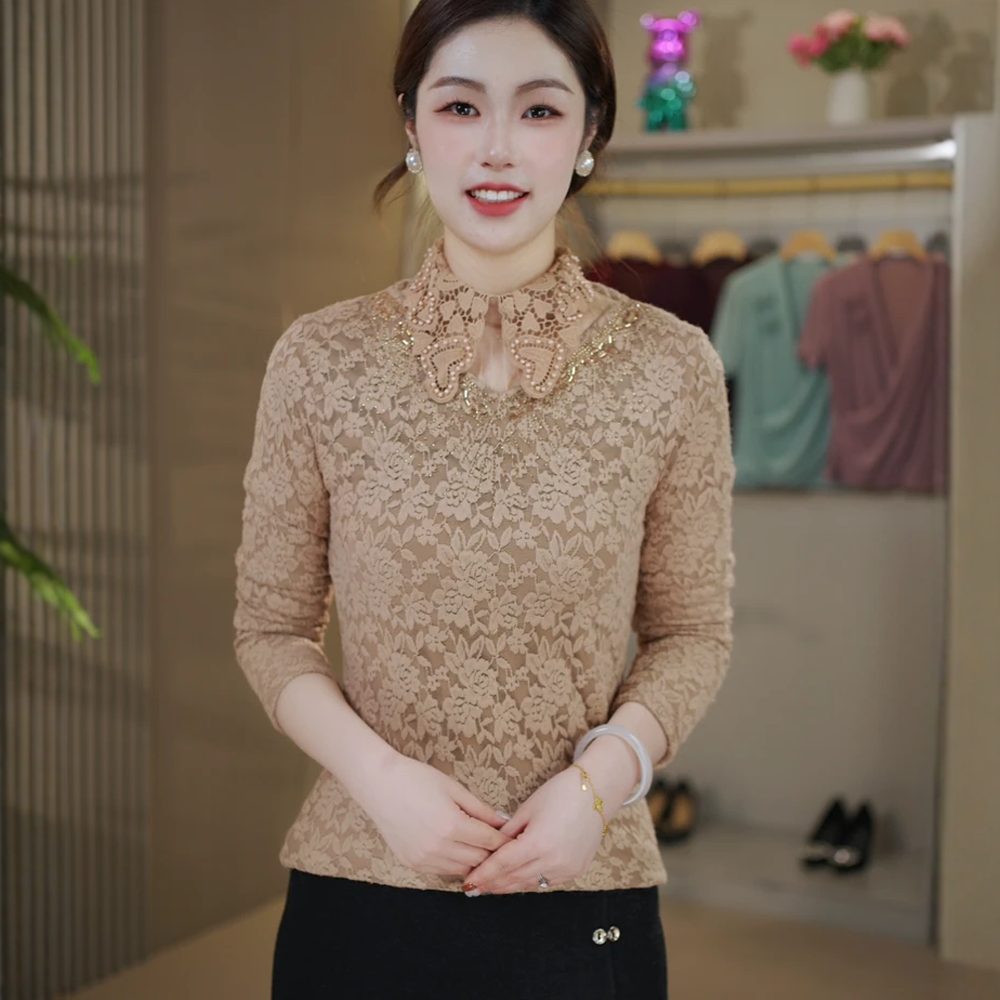 秋冬新款时尚娃娃领加绒加厚蕾丝衫长袖女洋气显瘦气质保暖打底衫