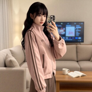 粉色短款小外套女春春秋麂皮绒2026新款韩版宽松显瘦长袖薄款夹克