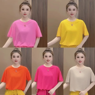 T恤女士简约百搭宽松遮肉显瘦上衣 夏季 新款 时尚 纯色抽绳圆领短袖