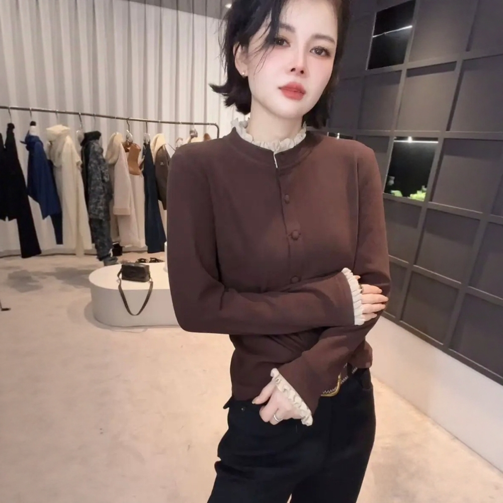 冬季款双面绒花边领撞色女士长袖