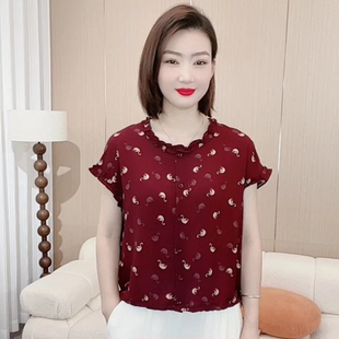 衬衫 夏季 极简风印花花边领短袖 时尚 女士气质休闲洋气百搭上衣 新款