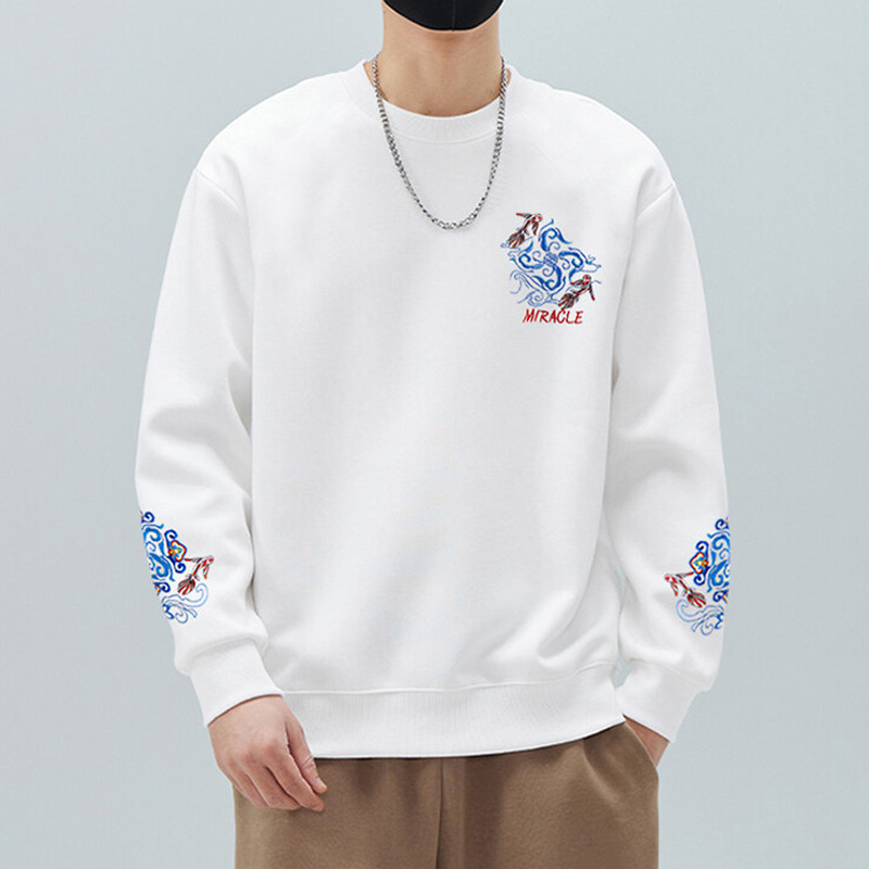 中国风重磅圆领卫衣男秋季新款刺绣纯棉长袖T恤高级感宽松打底衫