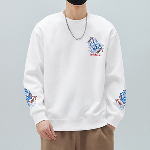 中国风重磅圆领卫衣男秋季新款刺绣纯棉长袖T恤高级感宽松打底衫