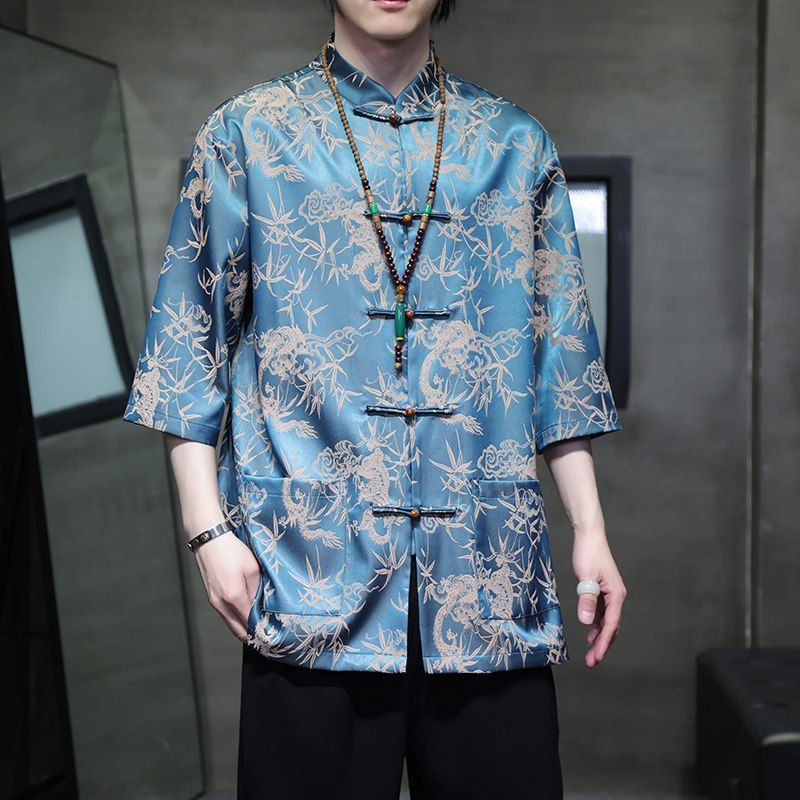 新中国风唐装男子夏季薄冰丝绸短袖衬衫中国风扣汉宽松大尺寸上衣