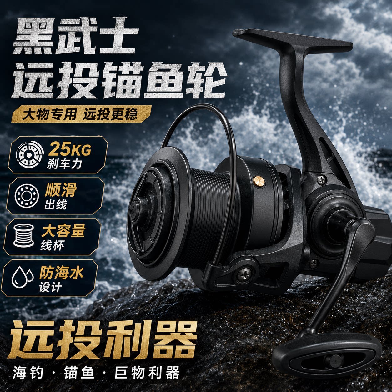 黑武士纺车轮金属线杯大型鱼线轮25KG大刹车力远投防海水锚鱼钓轮