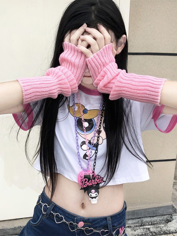 辣妹手套日系原宿 ins粉色露指蹦迪嘻哈土酷防晒护臂jk针织袖套女