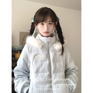 韩系学院风甜美加厚保暖棉服外套女生秋冬季短款毛领连帽外套棉衣