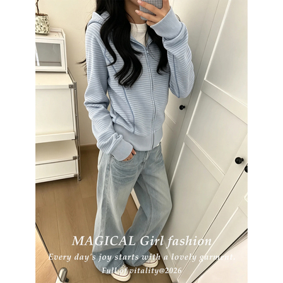 美式潮牌复古条纹连帽卫衣外套女