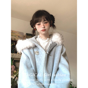 2026新款秋冬季毛领连帽卫衣女款韩系绝美学院风宽松保暖加厚外套