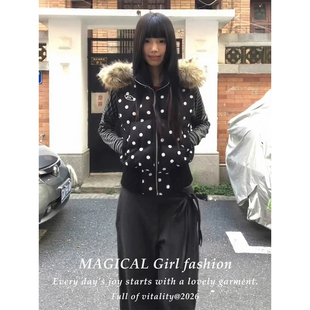 美式复古波点毛领连帽马甲外套女款秋冬季小个子叠穿保暖棉服上衣