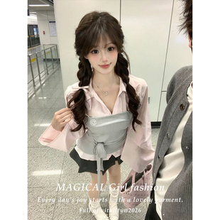 韩系学院风假两件绑带衬衫女款春秋季巨好看甜美收腰显瘦长袖上衣