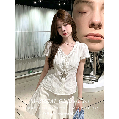 法式甜美荷叶边白色短袖衬衫女夏