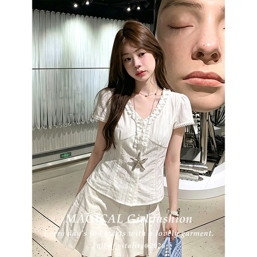 法式甜美荷叶边白色短袖衬衫女夏